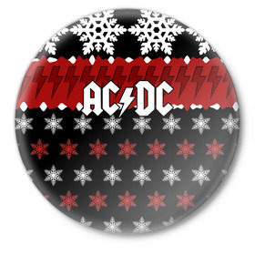 Значок с принтом Праздничный AC/DC в Санкт-Петербурге,  металл | круглая форма, металлическая застежка в виде булавки | Тематика изображения на принте: ac dc | acdc | for those about to ro | австралийская | ангус янг | блюз рок | головы | группа | знак | красный | крис слэйд | музыканты | надпись | новогодний | новый год | певцы | праздник | рождество | рок | рок н ролл