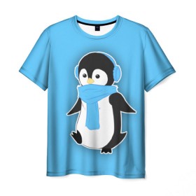 Мужская футболка 3D с принтом Penguin blue в Санкт-Петербурге, 100% полиэфир | прямой крой, круглый вырез горловины, длина до линии бедер | Тематика изображения на принте: blue | cartoon | penguin | милый | мультик | мультфильм | пингвин | рисунок