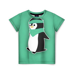 Детская футболка 3D с принтом Penguin green в Санкт-Петербурге, 100% гипоаллергенный полиэфир | прямой крой, круглый вырез горловины, длина до линии бедер, чуть спущенное плечо, ткань немного тянется | Тематика изображения на принте: cartoon | green | penguin | зеленый | милый | мультик | мультфильм | пингвин | рисунок