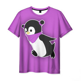 Мужская футболка 3D с принтом Penguin purple в Санкт-Петербурге, 100% полиэфир | прямой крой, круглый вырез горловины, длина до линии бедер | Тематика изображения на принте: cartoon | penguin | purple | милый | мультик | мультфильм | пингвин | рисунок | фиолетовый