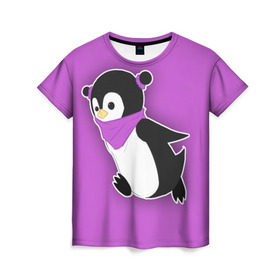 Женская футболка 3D с принтом Penguin purple в Санкт-Петербурге, 100% полиэфир ( синтетическое хлопкоподобное полотно) | прямой крой, круглый вырез горловины, длина до линии бедер | cartoon | penguin | purple | милый | мультик | мультфильм | пингвин | рисунок | фиолетовый