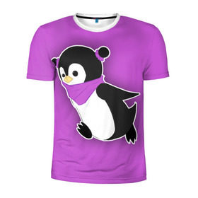 Мужская футболка 3D спортивная с принтом Penguin purple в Санкт-Петербурге, 100% полиэстер с улучшенными характеристиками | приталенный силуэт, круглая горловина, широкие плечи, сужается к линии бедра | cartoon | penguin | purple | милый | мультик | мультфильм | пингвин | рисунок | фиолетовый