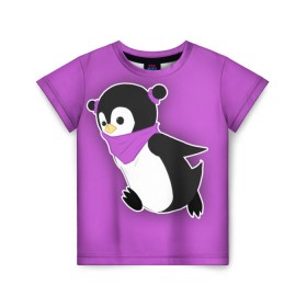 Детская футболка 3D с принтом Penguin purple в Санкт-Петербурге, 100% гипоаллергенный полиэфир | прямой крой, круглый вырез горловины, длина до линии бедер, чуть спущенное плечо, ткань немного тянется | cartoon | penguin | purple | милый | мультик | мультфильм | пингвин | рисунок | фиолетовый