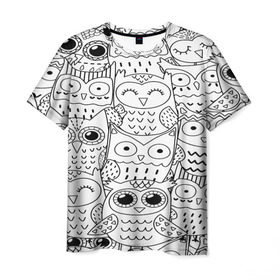 Мужская футболка 3D с принтом Совушки pattern в Санкт-Петербурге, 100% полиэфир | прямой крой, круглый вырез горловины, длина до линии бедер | bird | owl | животные | ночные птицы | птицы | совы