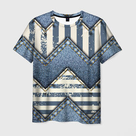 Мужская футболка 3D с принтом Пэчворк в Санкт-Петербурге, 100% полиэфир | прямой крой, круглый вырез горловины, длина до линии бедер | Тематика изображения на принте: джинсы | полосы | пэчворк | стиль | строчки | узор