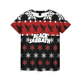 Женская футболка 3D с принтом Праздничный Black Sabbath в Санкт-Петербурге, 100% полиэфир ( синтетическое хлопкоподобное полотно) | прямой крой, круглый вырез горловины, длина до линии бедер | black sabbath | группа | новогодний | новый год | рождество | свитер | снежинки | хард рок | хеви метал