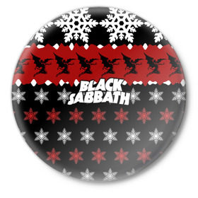 Значок с принтом Праздничный Black Sabbath в Санкт-Петербурге,  металл | круглая форма, металлическая застежка в виде булавки | Тематика изображения на принте: black sabbath | группа | новогодний | новый год | рождество | свитер | снежинки | хард рок | хеви метал
