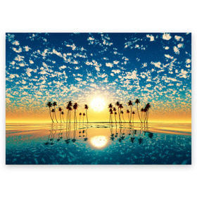 Поздравительная открытка с принтом Туристический Рай в Санкт-Петербурге, 100% бумага | плотность бумаги 280 г/м2, матовая, на обратной стороне линовка и место для марки
 | блик | вода | волна | восход | закат | море | небо | облако | отблеск | отпуск | отражение | пальма | солнце | турист