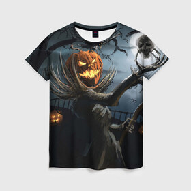Женская футболка 3D с принтом Jack в Санкт-Петербурге, 100% полиэфир ( синтетическое хлопкоподобное полотно) | прямой крой, круглый вырез горловины, длина до линии бедер | halloween | pumpkin | witch | ведьма | демон | кот | тыква | хэллоуин | череп