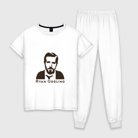 Женская пижама хлопок с принтом Ryan Gosling в Санкт-Петербурге, 100% хлопок | брюки и футболка прямого кроя, без карманов, на брюках мягкая резинка на поясе и по низу штанин | ryan gosling | райан гослинг