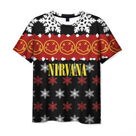 Мужская футболка 3D с принтом Nirvana праздничный в Санкт-Петербурге, 100% полиэфир | прямой крой, круглый вырез горловины, длина до линии бедер | cobain | kurt | nirvana | альтернативный | боритон | гранж | группа | дональд | знак | кобейн | красный | крист новоселич | курт | музыка | музыкант | надпись | нирвана | новогодний | новый год | певец | праздник