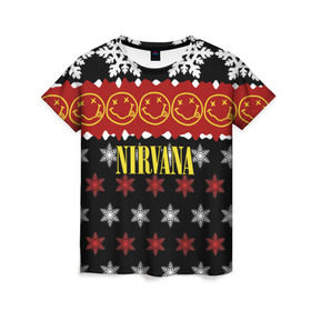 Женская футболка 3D с принтом Nirvana праздничный в Санкт-Петербурге, 100% полиэфир ( синтетическое хлопкоподобное полотно) | прямой крой, круглый вырез горловины, длина до линии бедер | cobain | kurt | nirvana | альтернативный | боритон | гранж | группа | дональд | знак | кобейн | красный | крист новоселич | курт | музыка | музыкант | надпись | нирвана | новогодний | новый год | певец | праздник