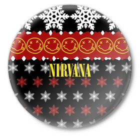 Значок с принтом Nirvana праздничный в Санкт-Петербурге,  металл | круглая форма, металлическая застежка в виде булавки | cobain | kurt | nirvana | альтернативный | боритон | гранж | группа | дональд | знак | кобейн | красный | крист новоселич | курт | музыка | музыкант | надпись | нирвана | новогодний | новый год | певец | праздник
