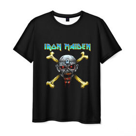 Мужская футболка 3D с принтом Iron Maiden череп и кости в Санкт-Петербурге, 100% полиэфир | прямой крой, круглый вырез горловины, длина до линии бедер | iron maiden | адриан смит | айрон мейден | гроза | группа | дэйв мюррей | железная дева | ирон майден | метал | мрачный | музыка | песни | рок | стив харрис | тяжелый | флаг | хеви | хевиметал