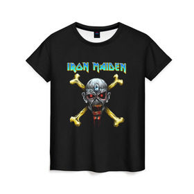 Женская футболка 3D с принтом Iron Maiden череп и кости в Санкт-Петербурге, 100% полиэфир ( синтетическое хлопкоподобное полотно) | прямой крой, круглый вырез горловины, длина до линии бедер | iron maiden | адриан смит | айрон мейден | гроза | группа | дэйв мюррей | железная дева | ирон майден | метал | мрачный | музыка | песни | рок | стив харрис | тяжелый | флаг | хеви | хевиметал