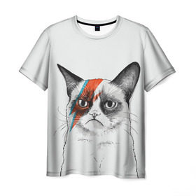 Мужская футболка 3D с принтом Grumpy cat (David Bowie) в Санкт-Петербурге, 100% полиэфир | прямой крой, круглый вырез горловины, длина до линии бедер | бодиарт | грумпи | дэвид боуи | злой кот | интернет | котей | котик | кошка | мем | мемас | мемчик. | молния на лице | рисунок на лице | сердитый