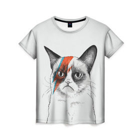 Женская футболка 3D с принтом Grumpy cat (David Bowie) в Санкт-Петербурге, 100% полиэфир ( синтетическое хлопкоподобное полотно) | прямой крой, круглый вырез горловины, длина до линии бедер | Тематика изображения на принте: бодиарт | грумпи | дэвид боуи | злой кот | интернет | котей | котик | кошка | мем | мемас | мемчик. | молния на лице | рисунок на лице | сердитый