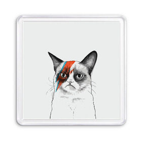 Магнит 55*55 с принтом Grumpy cat (David Bowie) в Санкт-Петербурге, Пластик | Размер: 65*65 мм; Размер печати: 55*55 мм | Тематика изображения на принте: бодиарт | грумпи | дэвид боуи | злой кот | интернет | котей | котик | кошка | мем | мемас | мемчик. | молния на лице | рисунок на лице | сердитый