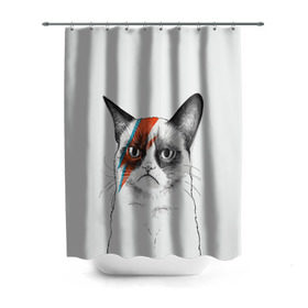 Штора 3D для ванной с принтом Grumpy cat (David Bowie) в Санкт-Петербурге, 100% полиэстер | плотность материала — 100 г/м2. Стандартный размер — 146 см х 180 см. По верхнему краю — пластиковые люверсы для креплений. В комплекте 10 пластиковых колец | бодиарт | грумпи | дэвид боуи | злой кот | интернет | котей | котик | кошка | мем | мемас | мемчик. | молния на лице | рисунок на лице | сердитый