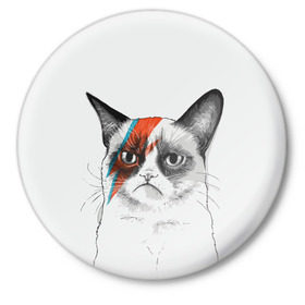 Значок с принтом Grumpy cat (David Bowie) в Санкт-Петербурге,  металл | круглая форма, металлическая застежка в виде булавки | Тематика изображения на принте: бодиарт | грумпи | дэвид боуи | злой кот | интернет | котей | котик | кошка | мем | мемас | мемчик. | молния на лице | рисунок на лице | сердитый