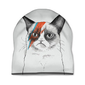 Шапка 3D с принтом Grumpy cat (David Bowie) в Санкт-Петербурге, 100% полиэстер | универсальный размер, печать по всей поверхности изделия | Тематика изображения на принте: бодиарт | грумпи | дэвид боуи | злой кот | интернет | котей | котик | кошка | мем | мемас | мемчик. | молния на лице | рисунок на лице | сердитый