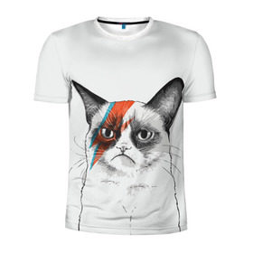 Мужская футболка 3D спортивная с принтом Grumpy cat (David Bowie) в Санкт-Петербурге, 100% полиэстер с улучшенными характеристиками | приталенный силуэт, круглая горловина, широкие плечи, сужается к линии бедра | бодиарт | грумпи | дэвид боуи | злой кот | интернет | котей | котик | кошка | мем | мемас | мемчик. | молния на лице | рисунок на лице | сердитый
