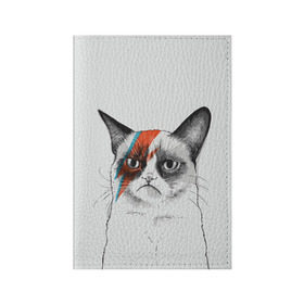 Обложка для паспорта матовая кожа с принтом Grumpy cat (David Bowie) в Санкт-Петербурге, натуральная матовая кожа | размер 19,3 х 13,7 см; прозрачные пластиковые крепления | бодиарт | грумпи | дэвид боуи | злой кот | интернет | котей | котик | кошка | мем | мемас | мемчик. | молния на лице | рисунок на лице | сердитый