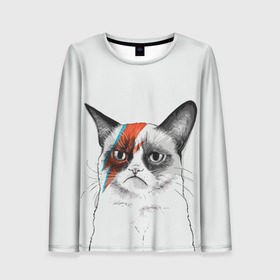 Женский лонгслив 3D с принтом Grumpy cat (David Bowie) в Санкт-Петербурге, 100% полиэстер | длинные рукава, круглый вырез горловины, полуприлегающий силуэт | бодиарт | грумпи | дэвид боуи | злой кот | интернет | котей | котик | кошка | мем | мемас | мемчик. | молния на лице | рисунок на лице | сердитый