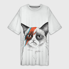 Платье-футболка 3D с принтом Grumpy cat (David Bowie) в Санкт-Петербурге,  |  | бодиарт | грумпи | дэвид боуи | злой кот | интернет | котей | котик | кошка | мем | мемас | мемчик. | молния на лице | рисунок на лице | сердитый