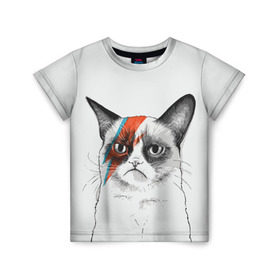 Детская футболка 3D с принтом Grumpy cat (David Bowie) в Санкт-Петербурге, 100% гипоаллергенный полиэфир | прямой крой, круглый вырез горловины, длина до линии бедер, чуть спущенное плечо, ткань немного тянется | бодиарт | грумпи | дэвид боуи | злой кот | интернет | котей | котик | кошка | мем | мемас | мемчик. | молния на лице | рисунок на лице | сердитый