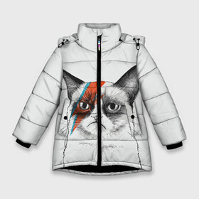 Зимняя куртка для девочек 3D с принтом Grumpy cat (David Bowie) в Санкт-Петербурге, ткань верха — 100% полиэстер; подклад — 100% полиэстер, утеплитель — 100% полиэстер. | длина ниже бедра, удлиненная спинка, воротник стойка и отстегивающийся капюшон. Есть боковые карманы с листочкой на кнопках, утяжки по низу изделия и внутренний карман на молнии. 

Предусмотрены светоотражающий принт на спинке, радужный светоотражающий элемент на пуллере молнии и на резинке для утяжки. | бодиарт | грумпи | дэвид боуи | злой кот | интернет | котей | котик | кошка | мем | мемас | мемчик. | молния на лице | рисунок на лице | сердитый