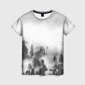 Женская футболка 3D с принтом Лес и туман в Санкт-Петербурге, 100% полиэфир ( синтетическое хлопкоподобное полотно) | прямой крой, круглый вырез горловины, длина до линии бедер | black and white | лес | лес и туман | туман | чернобелый  фон | чернобелый лес