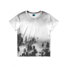 Детская футболка 3D с принтом Лес и туман в Санкт-Петербурге, 100% гипоаллергенный полиэфир | прямой крой, круглый вырез горловины, длина до линии бедер, чуть спущенное плечо, ткань немного тянется | black and white | лес | лес и туман | туман | чернобелый  фон | чернобелый лес