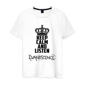 Мужская футболка хлопок с принтом Keep calm, listen Evanescence в Санкт-Петербурге, 100% хлопок | прямой крой, круглый вырез горловины, длина до линии бедер, слегка спущенное плечо. | Тематика изображения на принте: 