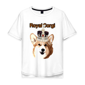 Мужская футболка хлопок Oversize с принтом Корги в короне в Санкт-Петербурге, 100% хлопок | свободный крой, круглый ворот, “спинка” длиннее передней части | англия | вельш корги | корги | корги пемброк | королева | корона | пемброк | собака