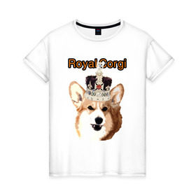 Женская футболка хлопок с принтом Корги в короне в Санкт-Петербурге, 100% хлопок | прямой крой, круглый вырез горловины, длина до линии бедер, слегка спущенное плечо | англия | вельш корги | корги | корги пемброк | королева | корона | пемброк | собака