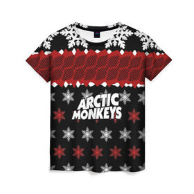 Женская футболка 3D с принтом Праздничный Arctic Monkeys в Санкт-Петербурге, 100% полиэфир ( синтетическое хлопкоподобное полотно) | прямой крой, круглый вырез горловины, длина до линии бедер | алекс тёрнер | арктик | арктические мартышки | гаражный | группа | джейми кук | знак | инди рок | красный | м | манкис | музыка | надпись | ник о мэлли | новогодний | новый год | обезьяна