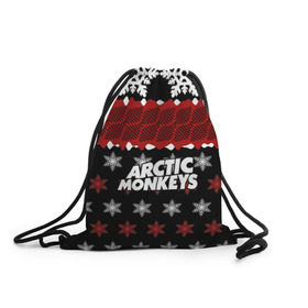 Рюкзак-мешок 3D с принтом Праздничный Arctic Monkeys в Санкт-Петербурге, 100% полиэстер | плотность ткани — 200 г/м2, размер — 35 х 45 см; лямки — толстые шнурки, застежка на шнуровке, без карманов и подкладки | Тематика изображения на принте: алекс тёрнер | арктик | арктические мартышки | гаражный | группа | джейми кук | знак | инди рок | красный | м | манкис | музыка | надпись | ник о мэлли | новогодний | новый год | обезьяна