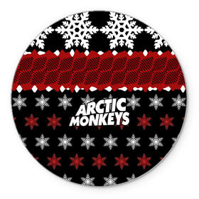 Коврик круглый с принтом Праздничный Arctic Monkeys в Санкт-Петербурге, резина и полиэстер | круглая форма, изображение наносится на всю лицевую часть | Тематика изображения на принте: алекс тёрнер | арктик | арктические мартышки | гаражный | группа | джейми кук | знак | инди рок | красный | м | манкис | музыка | надпись | ник о мэлли | новогодний | новый год | обезьяна