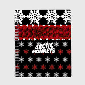 Тетрадь с принтом Праздничный Arctic Monkeys в Санкт-Петербурге, 100% бумага | 48 листов, плотность листов — 60 г/м2, плотность картонной обложки — 250 г/м2. Листы скреплены сбоку удобной пружинной спиралью. Уголки страниц и обложки скругленные. Цвет линий — светло-серый
 | Тематика изображения на принте: алекс тёрнер | арктик | арктические мартышки | гаражный | группа | джейми кук | знак | инди рок | красный | м | манкис | музыка | надпись | ник о мэлли | новогодний | новый год | обезьяна