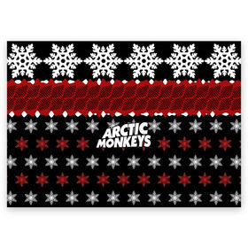 Поздравительная открытка с принтом Праздничный Arctic Monkeys в Санкт-Петербурге, 100% бумага | плотность бумаги 280 г/м2, матовая, на обратной стороне линовка и место для марки
 | алекс тёрнер | арктик | арктические мартышки | гаражный | группа | джейми кук | знак | инди рок | красный | м | манкис | музыка | надпись | ник о мэлли | новогодний | новый год | обезьяна