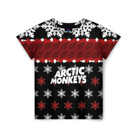 Детская футболка 3D с принтом Праздничный Arctic Monkeys в Санкт-Петербурге, 100% гипоаллергенный полиэфир | прямой крой, круглый вырез горловины, длина до линии бедер, чуть спущенное плечо, ткань немного тянется | алекс тёрнер | арктик | арктические мартышки | гаражный | группа | джейми кук | знак | инди рок | красный | м | манкис | музыка | надпись | ник о мэлли | новогодний | новый год | обезьяна