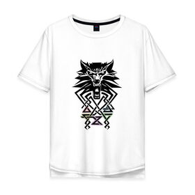 Мужская футболка хлопок Oversize с принтом The Witcher в Санкт-Петербурге, 100% хлопок | свободный крой, круглый ворот, “спинка” длиннее передней части | the wicher | аксий | белый волк | ведьмак | знаки