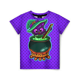 Детская футболка 3D с принтом Кошка-ведьмочка в Санкт-Петербурге, 100% гипоаллергенный полиэфир | прямой крой, круглый вырез горловины, длина до линии бедер, чуть спущенное плечо, ткань немного тянется | Тематика изображения на принте: halloween | helloween | ведунья | ведьма | зелье | кот | котел | котик | кошка | магия | хеллоуин | хэллоуин