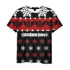 Мужская футболка 3D с принтом Праздничный Green Day в Санкт-Петербурге, 100% полиэфир | прямой крой, круглый вырез горловины, длина до линии бедер | american idiot | green day | альтернативный | билли джо армстронг | грин дей | группа | зелёный день | знак | красный | майк дёрнт | музыка | надпись | новогодний | новый год | панк | поп | поппанк | праздник