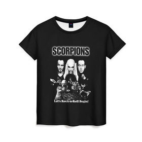 Женская футболка 3D с принтом Группа Scorpions в Санкт-Петербурге, 100% полиэфир ( синтетическое хлопкоподобное полотно) | прямой крой, круглый вырез горловины, длина до линии бедер | scorpions | группа | скорпионс | хард | хардрок