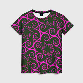 Женская футболка 3D с принтом Розовые цветы в Санкт-Петербурге, 100% полиэфир ( синтетическое хлопкоподобное полотно) | прямой крой, круглый вырез горловины, длина до линии бедер | pink | кружева | лепестки | розовый | спираль | узор | фрактал | цветки | цветок | цветы