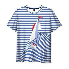 Мужская футболка 3D с принтом Яхта в Санкт-Петербурге, 100% полиэфир | прямой крой, круглый вырез горловины, длина до линии бедер | flag | joke | prank | sail | sea | stripes | water | waves | yacht vest | вода | волны | море | парус | полосы | прикол | тельняшка | флаг | шутка | яхта