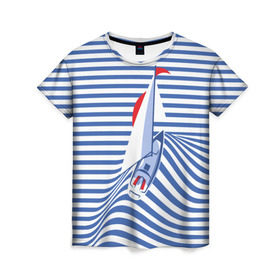 Женская футболка 3D с принтом Яхта в Санкт-Петербурге, 100% полиэфир ( синтетическое хлопкоподобное полотно) | прямой крой, круглый вырез горловины, длина до линии бедер | flag | joke | prank | sail | sea | stripes | water | waves | yacht vest | вода | волны | море | парус | полосы | прикол | тельняшка | флаг | шутка | яхта