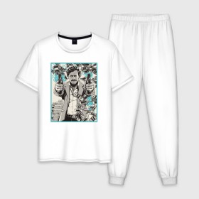 Мужская пижама хлопок с принтом Пабло Эскобар в Санкт-Петербурге, 100% хлопок | брюки и футболка прямого кроя, без карманов, на брюках мягкая резинка на поясе и по низу штанин
 | Тематика изображения на принте: narco | доллары | оружие